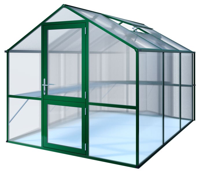 Gewächshaus mit grünem Aluminiumrahmen, Hohlkammerplatten aus Polycarbonat, Satteldach, Drehtür und Dachfenster.