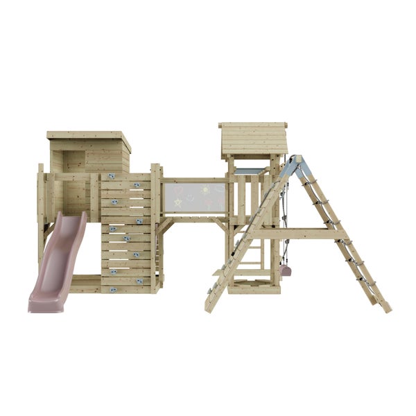 Spielturm aus Holz mit Rutsche, Kletterwand, Schaukel und Tafel für den Garten