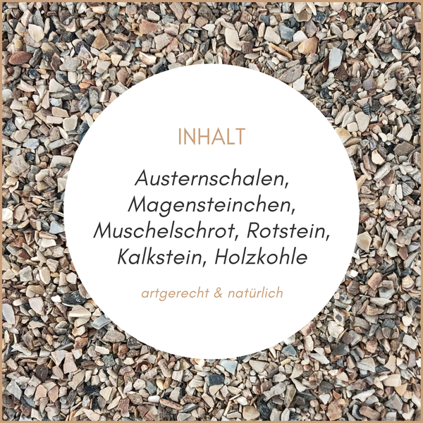 Inhalt: Austernschalen, Magensteinchen, Muschelschrot, Rotstein, Kalkstein, Holzkohle