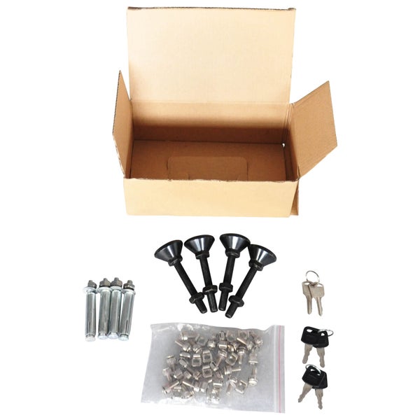 Montagezubehör Set mit Schrauben, Dübeln und Schlüsseln in offener Kartonverpackung