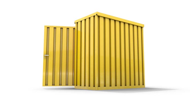 Lagercontainer Gerätehaus XS  – 2 qm, H2150 x B2100 x T1140 mm, Außenwandlackierung RAL 1003 signalgelb, Dach außen verzinkt, mit Holzfußboden, 1270 mm Einflügeltür mittig in Breitseite, montiert