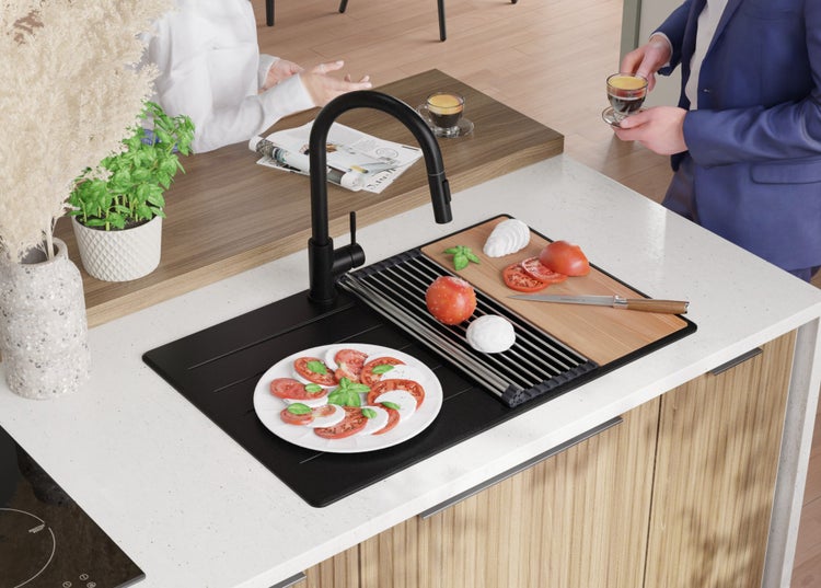 PRIMAGRAN Spülbecken Schwarz 78x50cm, Granitspüle 1 Becken + Ablauf-Set + Schneidebrett, Küchenspüle ab 50er Unterschrank - Kopenhagen
