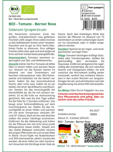 SAFLAX Garden to go - BIO - Tomate - Berner Rose - Solanum lycopersicum - 10 Samen - Mit Topf, Klima - Deckel und Anzuchtsubstrat