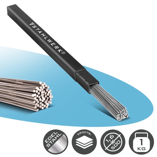Stahlwerk WIG Schweißstäbe aus Edelstahl ER307Si, 1,6 mal 500 Millimeter, 1 Kilogramm Packung.