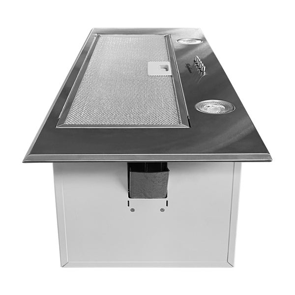 Einbau-Dunstabzugshaube aus Edelstahl von Kaufmann mit Metallfettfilter und integrierter Beleuchtung zur Montage im Oberschrank.
