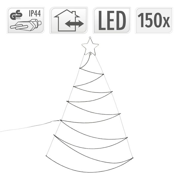 ECD Germany LED Weihnachtsbaum 150cm 150 LEDs Warmweiß, Stern, wandmontiert, LED Baum als dekorativer Aufhänger zu Weihnachten, Weihnachtsdekoration für Innen/Außen, Tannenbaum Christbaum Lichterkette