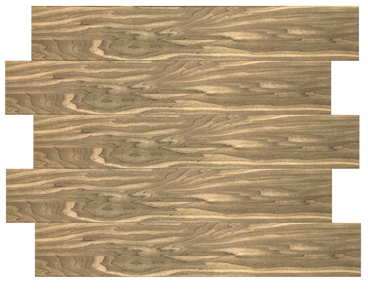 Laminatboden mit Holzmaserung, fünf Dielen in versetzter Anordnung.