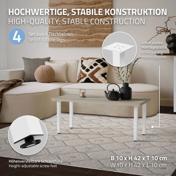 ML-Design 4er Set Tischbeine I-Design 42 cm, Weiß glänzend, aus pulverbeschichtetem Stahl, eckig, Vierkantprofil 4x4 cm, Höhenverstellbare Möbelfüße 1-4 cm, Möbelbeine für Couchtische, Bänke, TV-Möbel
