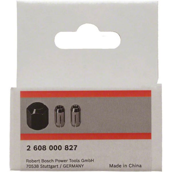 Bosch Spannzangen-Set mit einer schwarzen Mutter und zwei silbernen Spannzangen, Artikelnummer 2 608 000 827.