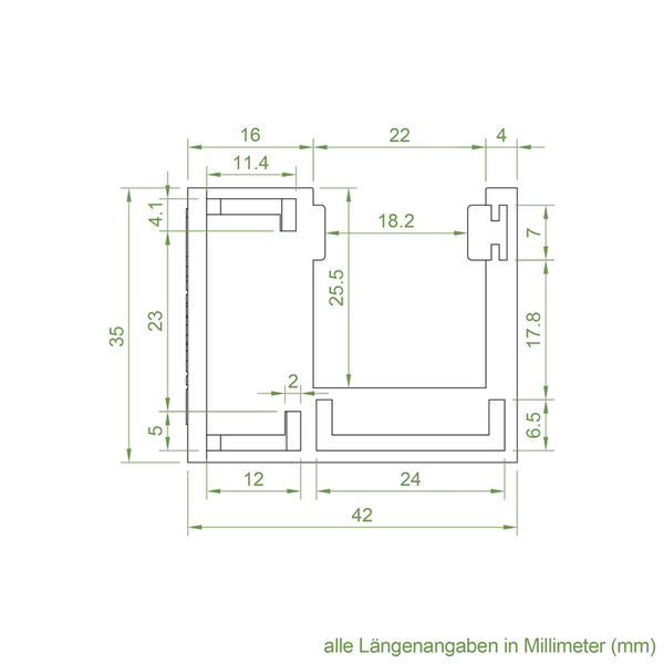 Technische Zeichnung mit Maßangaben für ein Aluminiumprofil mit einem Querschnitt von 42 Millimeter mal 35 Millimeter.