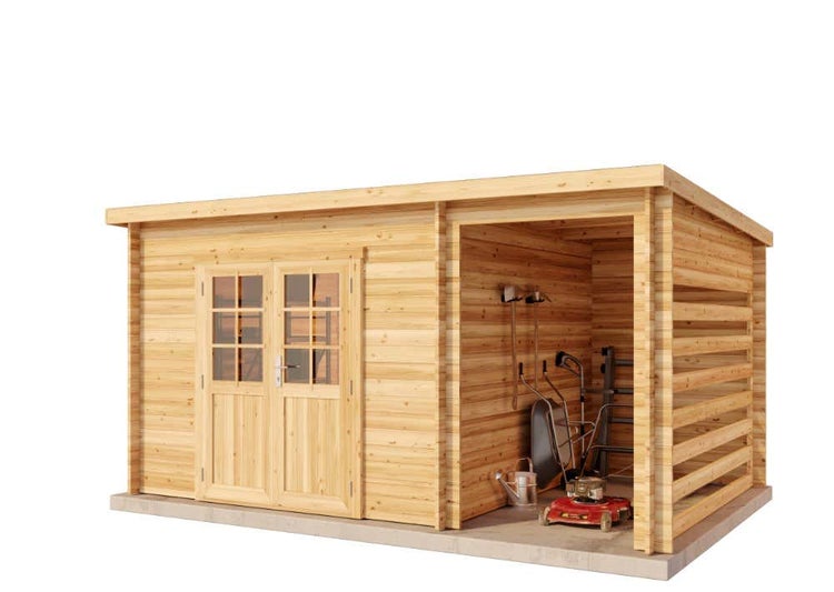 Alpholz Pultdach Gartenhaus Maria-28 Compact Gartenhaus aus Holz, Holzhaus mit 28 mm Wandstärke inklusive Schleppdach, Blockbohlenhaus mit Montagematerial, Naturbelassen 4,5x3m