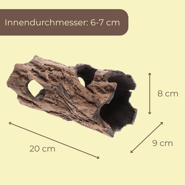 Aquarium-Dekoration in Form eines Baumstamms, 20 Zentimeter lang, 9 Zentimeter breit, 8 Zentimeter hoch, Innendurchmesser 6 bis 7 Zentimeter.