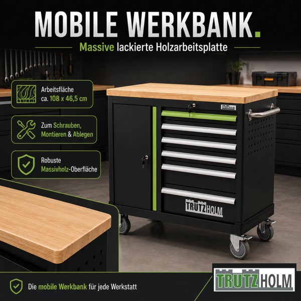 Mobile Trutzholm Werkbank mit Massivholz-Arbeitsplatte, circa 108 x 46,5 cm, fünf Schubladen, einer Tür und Rollen. Trutzholm Logo.