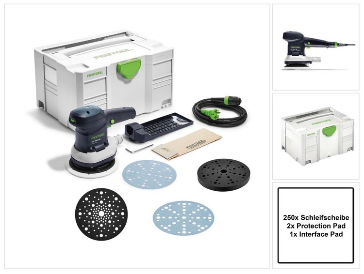 Festool ETS 150/5 EQ-Plus Exzenterschleifer 310 W 150 mm + 250x Schleifscheibe + 2x Protection Pad + Interface Pad + systainer