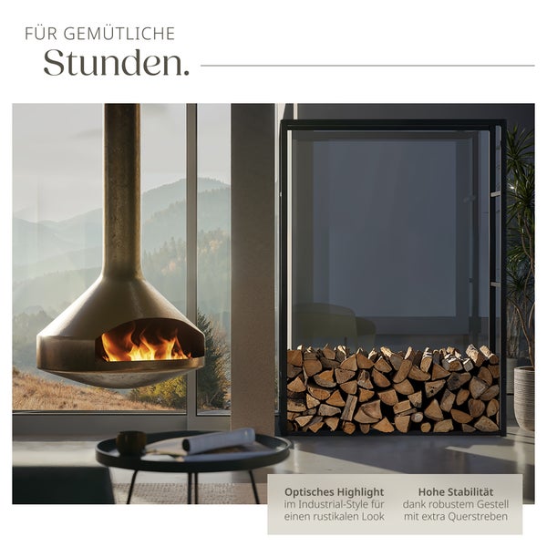 Moderner hängender Kamin und stabiles Brennholzregal aus Metall im Industrial-Stil in einem Wohnzimmer mit Bergblick.