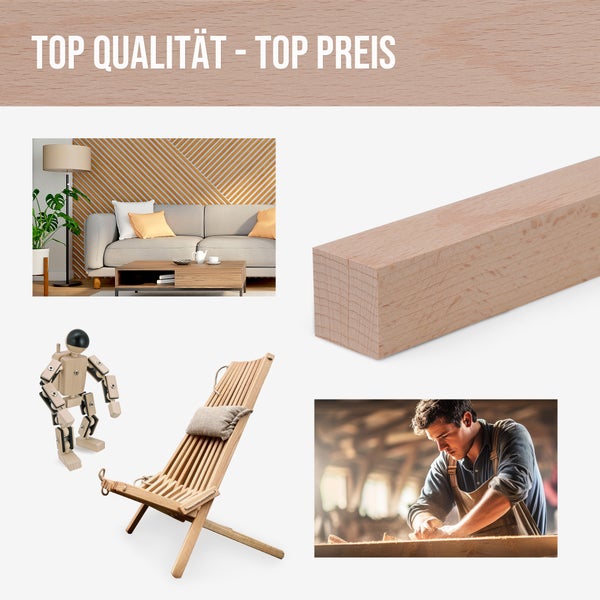 Produktcollage: Top Qualität, Top Preis. Gezeigt werden eine Wohnzene mit Holzpaneelen, ein Holzquader, eine Holzliege mit Kissen, eine Holzfigur und ein Handwerker bei der Holzbearbeitung.