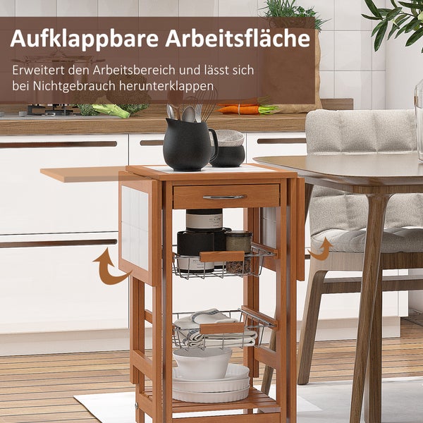 HOMCOM Küchenwagen, Servierwagen mit klappbarer Tischplatte, Rollwagen, Küchentrolley Küchenrollwagen mit Schubladen und Drahtkörben, Kiefernholz, Natur, 91 x 37 x 75 cm
