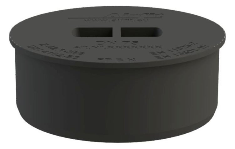 Hochtemperaturrohr Verschlusskappe Nennweite 75 aus schwarzem Kunststoff Polypropylen.