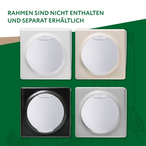 Vier Steckdoseneinsätze mit Klappdeckel in verschiedenen Ausführungen. Hinweis: Rahmen sind nicht enthalten und separat erhältlich.