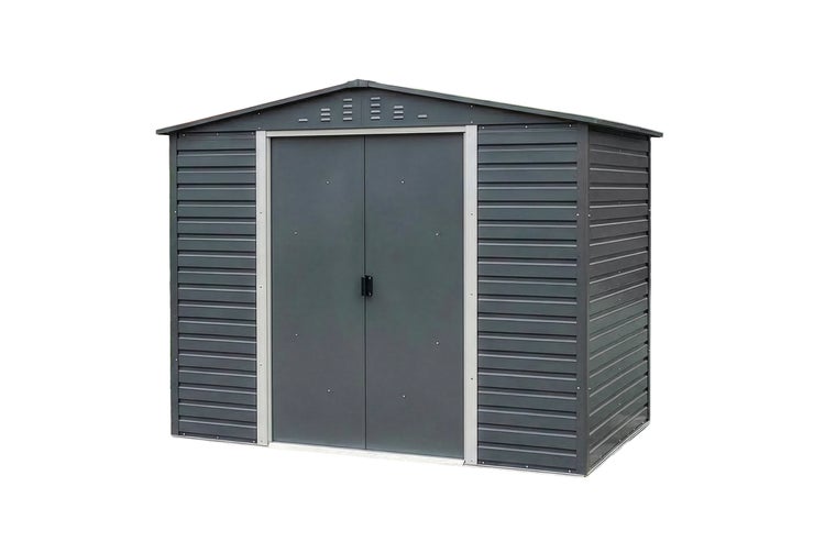 Gerätehaus aus Metall mit Satteldach und Doppeltür in Anthrazit.