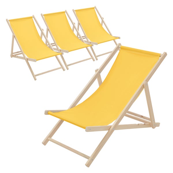 Set aus vier hölzernen Liegestühlen mit gelbem Stoffbezug.