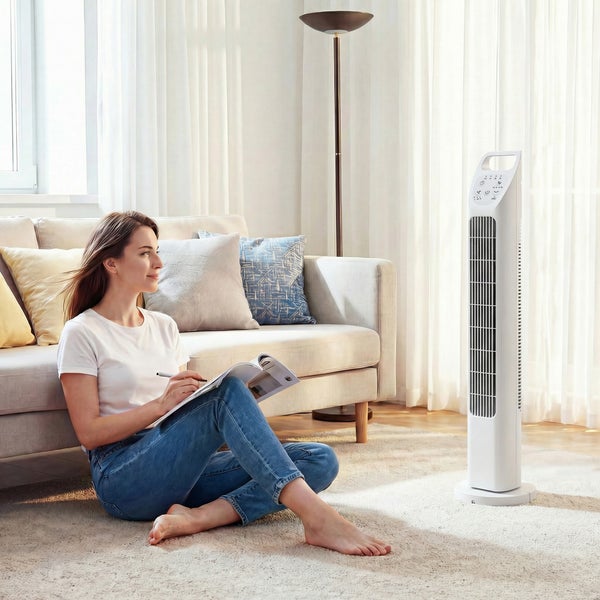 Eine Frau sitzt entspannt auf dem Teppich in einem hellen Wohnzimmer, während ein weißer Turmventilator für eine frische Brise sorgt.