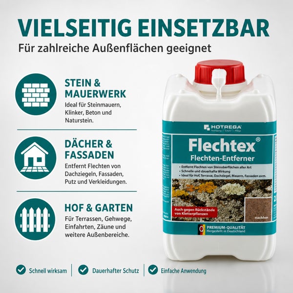 Hotrega Flechtex Flechtenentferner im Kanister für Stein Mauerwerk Dächer Fassaden und Hof mit Anwendungshinweisen und Premium Qualität Siegel