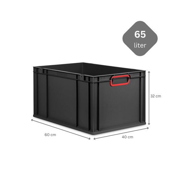 Eurobox NextGen Color, HxBxT 32x40x60cm, 65 Liter, Griffe rot geschlossen, Verstärkter Boden, Schwarz, Eurobehälter, Transportbox, Transportbehälter, Stapelbehälter