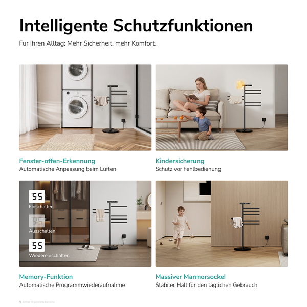 Infografik zu den Schutzfunktionen eines elektrischen Handtuchwärmers mit Standfuß inklusive Fenster Erkennung Kindersicherung Memory und Marmorsockel