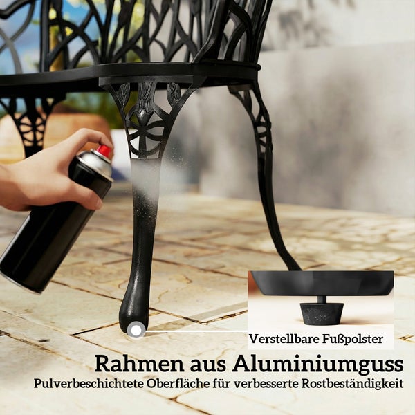 Gartenstuhlbein aus Aluminiumguss mit verstellbaren Fußpolstern und rostbeständiger Pulverbeschichtung.