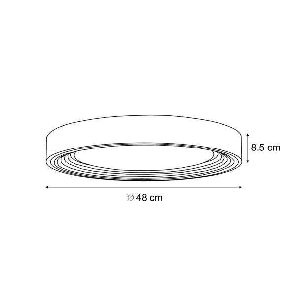 Skizze einer Deckenleuchte mit einem Durchmesser von 48 Zentimetern und einer Höhe von 8,5 Zentimetern.