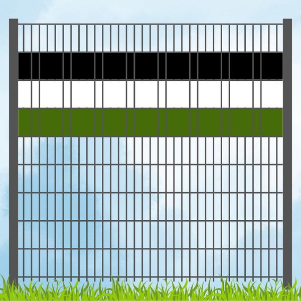 Zaun mit Sichtschutzstreifen in Schwarz, Weiß und Grün