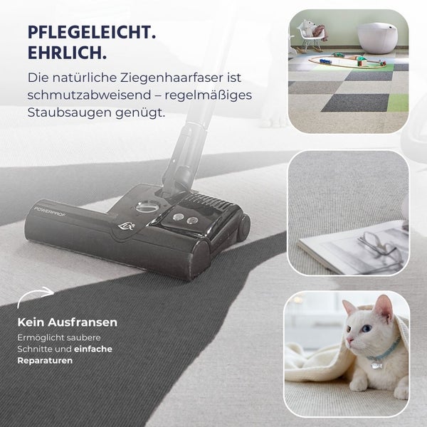 Collage zu Ziegenhaarteppich: Staubsauger auf der Oberfläche, Teppichfliesen im Kinderzimmer, Detailansicht der Struktur und Katze auf dem Teppich.