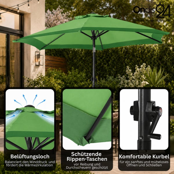 Ondis24 Sonnenschirm im Garten mit Belüftungsöffnung, schützenden Rippentaschen und Kurbelmechanismus. Ondis24 Logo.