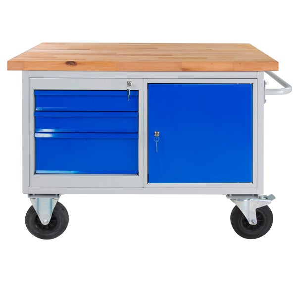 PROREGAL Mobile Werkbank Rhino mit 3 Schubladen 1 Tür HxBxT 83 x 130 x 60 cm Traglast 500 kg Lichtgrau Blau