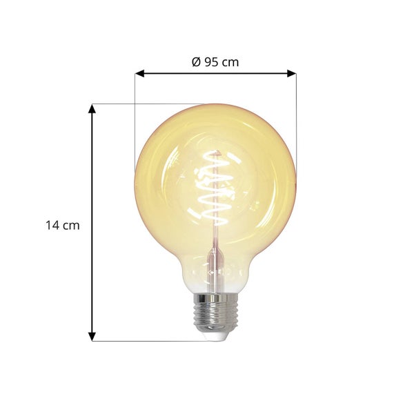 LED-Globe-Leuchtmittel mit Spiral-Filament und E27-Sockel, Durchmesser 95 Millimeter und Höhe 14 Zentimeter.