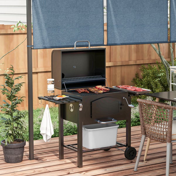 Outsunny Holzkohlegrill, BBQ Gartengrill, mit Smoker Warmhalteplatte Regale, 124 x 66 x 112 cm, Metall, Schwarz