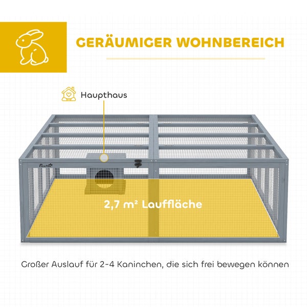 PawHut Kleintiergehege aus Holz mit 2,7 Quadratmetern Lauffläche und integriertem Haupthaus für zwei bis vier Kaninchen.