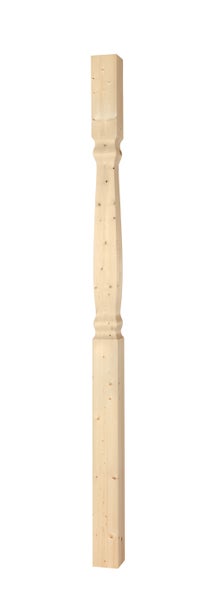 Gedrechselter Holzpfosten für Geländer aus Nadelholz mit quadratischen Enden und dekorativem Mittelteil.
