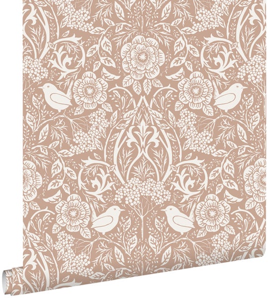 ESTAhome Tapete Blumen und Vögel im Jugendstil Rosabeige und Weiß - 53 cm x 10.05 m - 139324