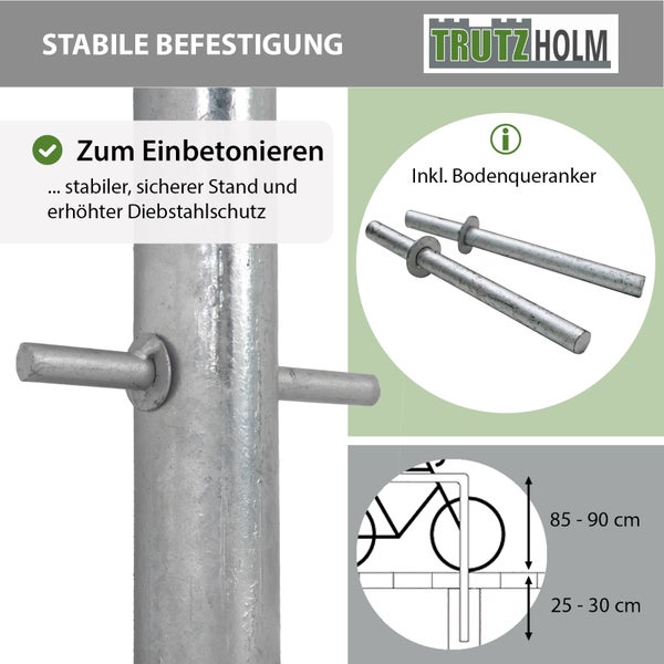 Trutzholm Logo, feuerverzinkter Fahrradständer zum Einbetonieren mit Bodenquerankern für Diebstahlschutz, Höhe circa 85 bis 90 Zentimeter.