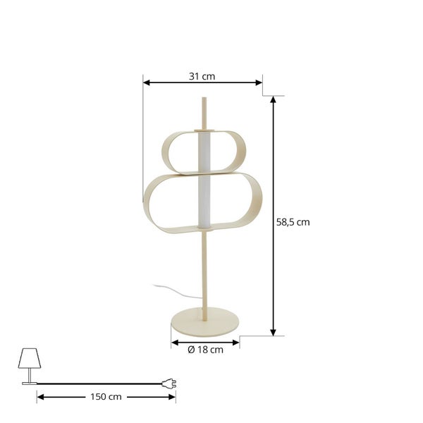 Moderne Tischleuchte mit Abmessungen: Höhe 58,5 Zentimeter, Breite 31 Zentimeter, Fuß-Durchmesser 18 Zentimeter, Kabellänge 150 Zentimeter.