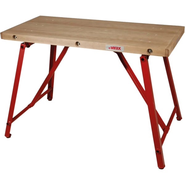 Klappbare Werkbank mit Holzplatte und rotem Metallgestell, Virax Logo.