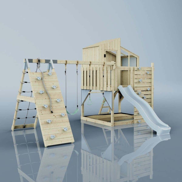 OutdoorToys Spielturm Finn aus Holz in Blau Trapezstange