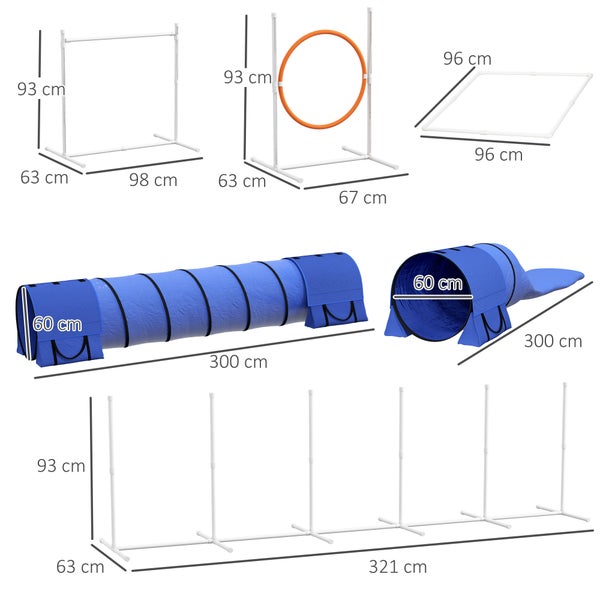 PawHut Hunde Agility Set, 7er-Set Hundetraining mit Höhenverstellbaren Agilityhürden, Flechtstangen, Pausenbox, Tunnel, Sprungring, Steckhürdenset inklusive Pfeife, Tragetasche