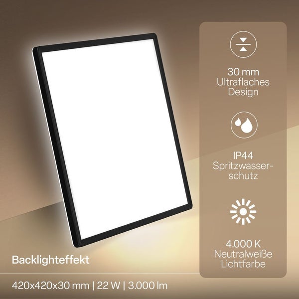 LED-Panel quadratisch, schwarz, 420x420x30 Millimeter, 22 Watt, 3000 Lumen, 4000 Kelvin neutralweiß, IP44 Spritzwasserschutz, Backlighteffekt.