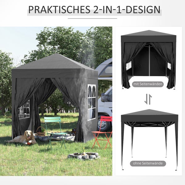 Outsunny Pavillon 2x2m Wasserdicht, Pop-up Faltpavillon mit 4 Seitenwänden, Abflusslöcher Fenster, faltbar Partyzelt UV 30+, Gartenzelt mit Tragetasche, Gartenpavillon für Terrasse, Schwarz