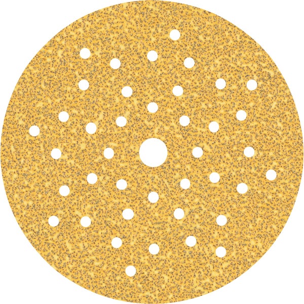 Ein Mann mit Schutzbrille und Atemschutzmaske schleift ein blaues Brett mit einem Schleifgerät.