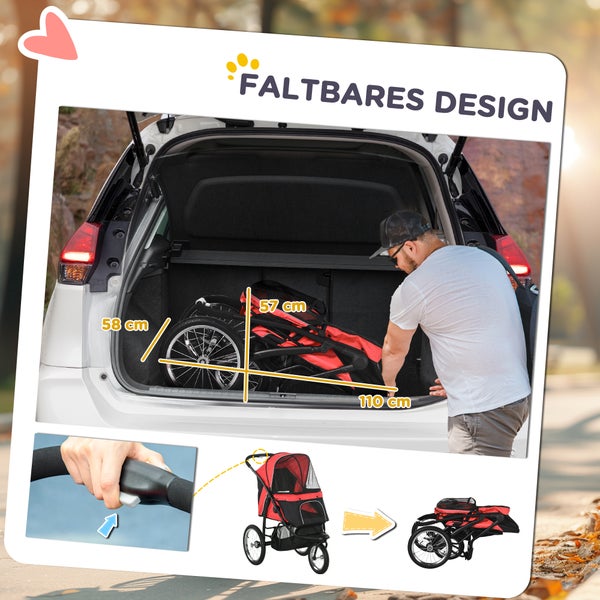 PawHut Hundewagen Hundebuggy klappbar für Hunde & Katzen bis 20 kg Katzenbuggy mit geländegängige Gummiräder Kissen Netzfenstern Türen Katzenwagen mit Aufbewahrungskorb Buggy Rot