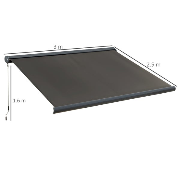 Outsunny Elektrische Markise, mit Fernbedienung Handkurbel Vollkassettenmarkise, 3x2,5m, Aluminium, Stahl, Polyester-Gewebe, Dunkelgrau